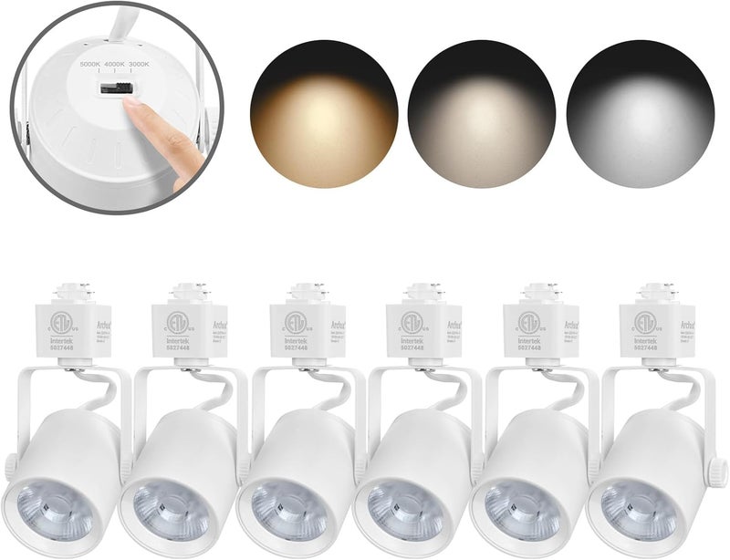 ARCFOX 9W 3 Color H Type Dimmable LED Track Lighting Heads, 3000K 4000K 5000K Selectable, 3 Wire CRI90 24° Angle Ceiling Spotlight for Accent Task Art Exhibition, ETL Listed (6 Pack,White) - Image 1